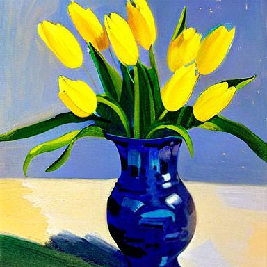 Impressionist yellow tulips blue vase3