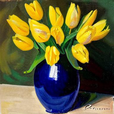 Impressionist yellow tulips blue vase1