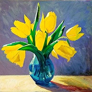 Impressionist yellow tulips blue vase4