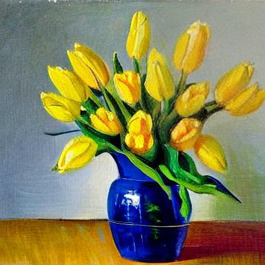 Impressionist yellow tulips blue vase2